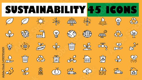 Sustainable Living Icons Set Renewable Energy, Recycling, Eco-Friendly Practices, and Green Technology