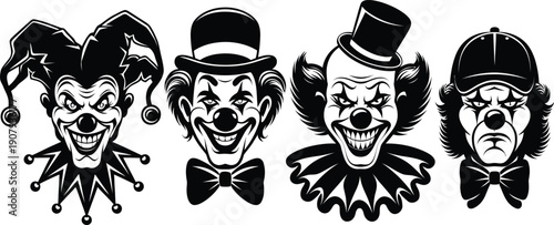 Scary Clown and Jester Face Silhouettes Vector Set