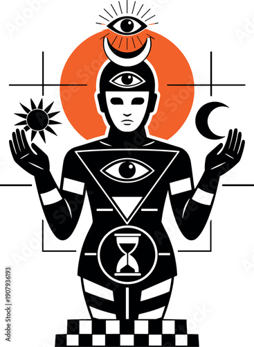 A black-and-white human figure representing a visual archetype, body assembled from timeless symbolic elements like eyes