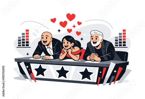Judges’ reaction. Panel leaning forward with impressed expressions, sound meters and hearts rising from the stage.