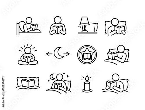 Personal Reading Before Sleep. Line outline icon set of Personal Reading Before Sleep: reader silhouette in bed, book