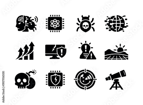 Future cybersecurity risks. Filled icon set of Future cybersecurity risks: AI attack, quantum threat chip, advanced
