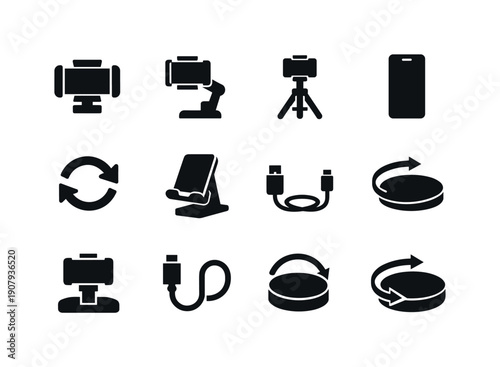 Hands-free gaming phone stand. Filled icon set of Hands-free gaming phone stand: phone clamp, adjustable mount, tripod,
