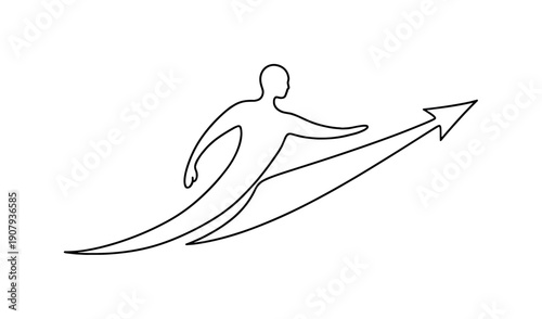 Directional Emblem. Minimalistic one-line drawing simplified human form merged with a guiding line indicating direction
