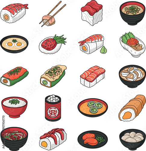 Japanese sushi and traditional food vector set with rolls, nigiri, ramen bowls, rice dishes illustration