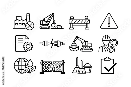 Industrial site decommissioning. Line outline icon set of Industrial site decommissioning: factory shutdown, dismantling