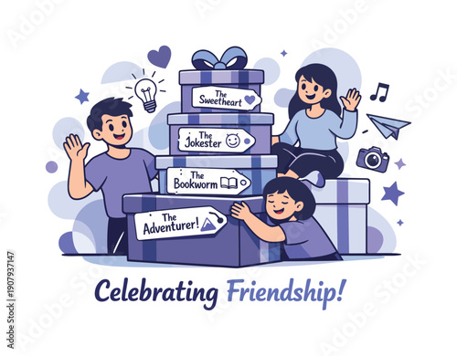 Celebrating friendship. Gift boxes stacked with tags showing different personalities, symbols floating to show