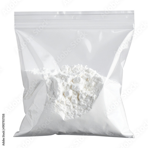 Close-up of a sealed plastic bag filled with white powder, isolated.