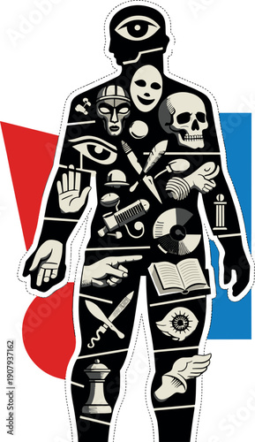 A human silhouette composed of layered black-and-white cultural symbols instead of organs, masks, tools, eyes, and hands