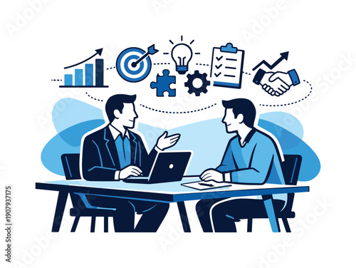 B2B services and consultancy. A consultant sits with a client across a sleek table, charts and strategy icons floating