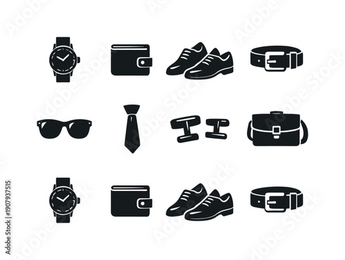 Men's Fashion Icons. Men fashion accessories. Filled icon set of Men fashion accessories: wristwatch, leather wallet,