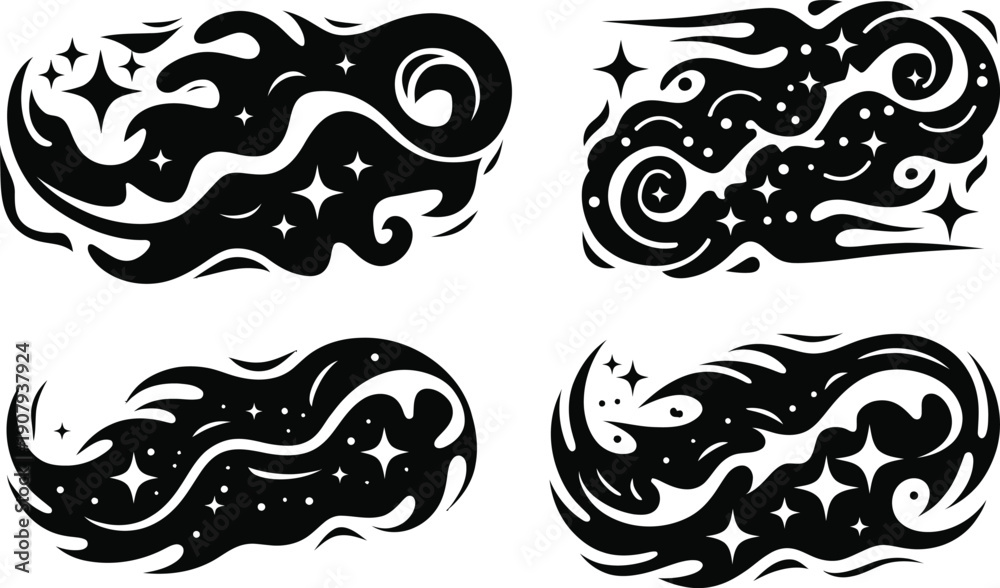 Fototapeta premium Abstract Celestial Wind and Cloud Swirls with Stars Vector Silhouette Set