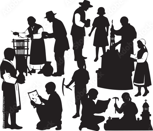 Historical figures silhouette vector illustration early american settlers crafts and work vintage