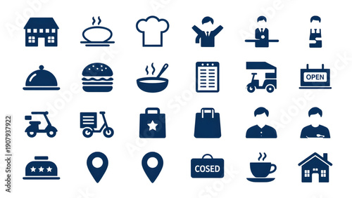 Restaurant and Food Service Icons Set – Delivery, Menu, Staff and Cafe Symbolsbusiness icons set