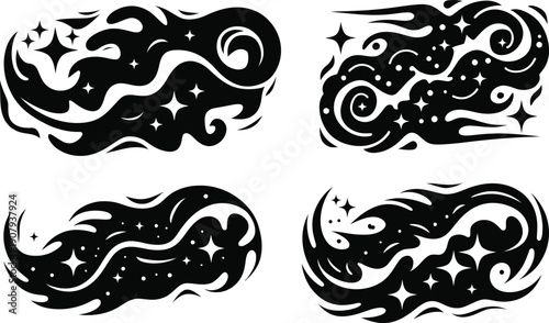 Abstract Celestial Wind and Cloud Swirls with Stars Vector Silhouette Set