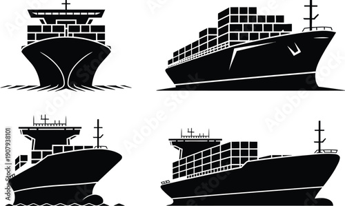 Cargo Ship Front View Silhouette vector illustration