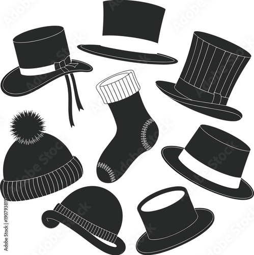 Hat silhouettes collection with winter accessories isolated on white background, vintage top hats and beanie styles set