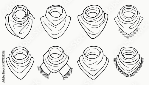 Set of Hand Drawn Vector Neck Bandanas and Scarf Line Art Sketches
