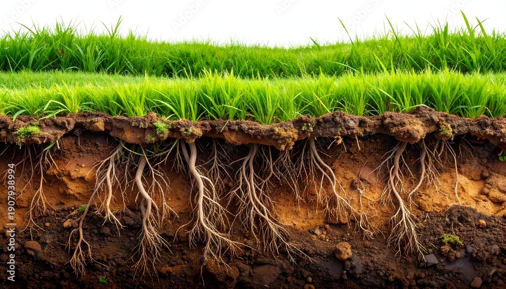 Naklejka premium A close-up view of healthy grass revealing its intricate root system beneath the soil