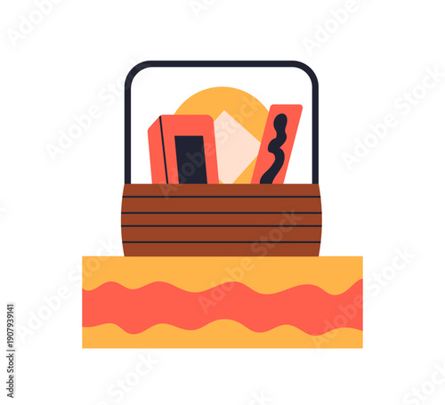 Chinese New Year gift in basket. Festive hamper with lucky charms, tea pouch, lunar holiday accessories for good luck. Traditional present. Flat vector illustration isolated on white background