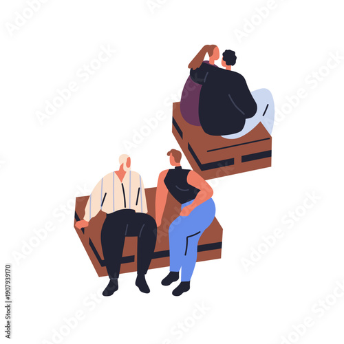 Couple, friends sitting on wooden pallet seat outdoors. Men and women in casual conversations, communication in urban park, courtyard at leisure. Flat vector illustration isolated on white background
