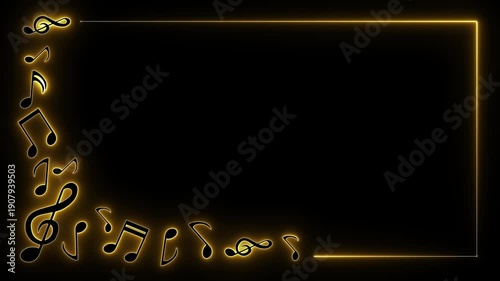 Neon music frame. Golden note border. Musical edge art. Glowing clef line. Shiny melody box. Gold stave frame. Elegant song border. Vibrant audio sign. Minimalist music. Sparkling note art.