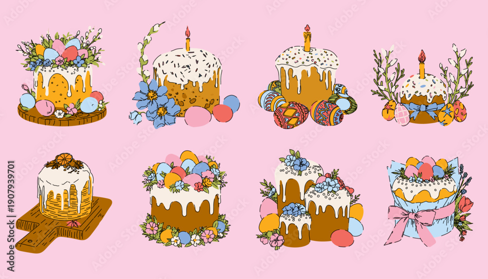 Fototapeta premium Hand Drawn Easter Cakes Collection on Pink Background