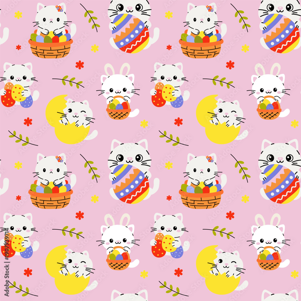 Fototapeta premium Seamless Easter Cat Pattern with Eggs and Baskets