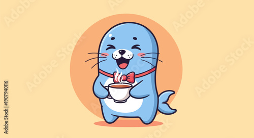 Cartoon seal enjoying a beverage with a cheerful expression on a yellow background