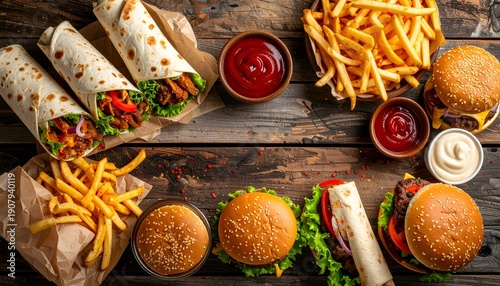 Wallpaper Mural A vibrant spread of burgers, wraps, and crispy fries accompanied by dipping sauces on a wooden table Torontodigital.ca