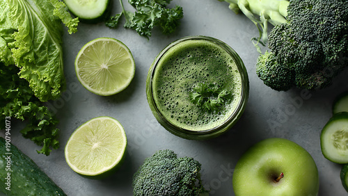 Overhead Flatlay of Plant-Based Green Detox Juice in Glass with Kale, Broccoli, Lime, Cucumber and Green Apple on Grey Background