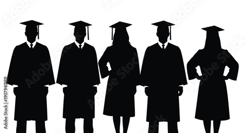 Group silhouette of diverse graduates wearing academic regalia celebrating commencement ceremony achievement