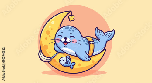 Cartoon seal resting on crescent moon with fish and star vector illustration