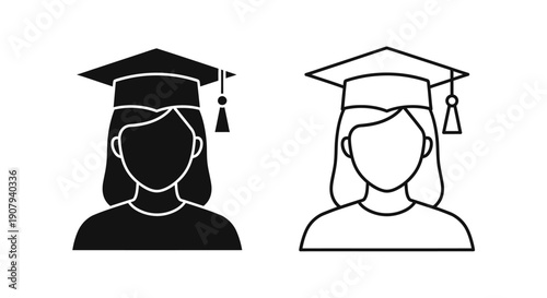 Set of two stylized female graduate icons representing academic achievement in solid and outline forms