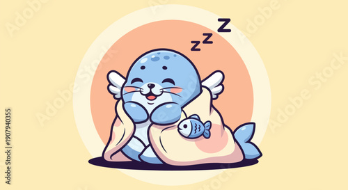 Cartoon seal sleeping with angel wings and a fish toy on a pastel background