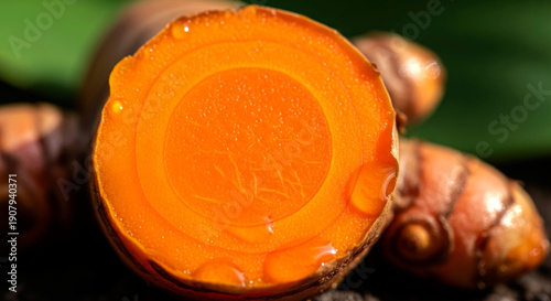 Macro close up of fresh sliced turmeric root