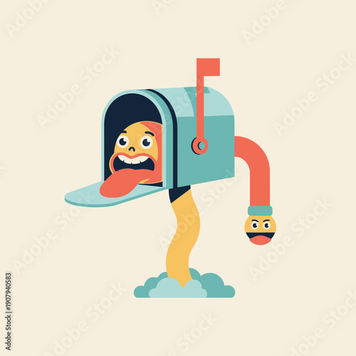 Playful cartoon mailbox character with a wide-open mouth and long tongue, hilariously spouting mail, symbolizing lively communication and digital message delivery