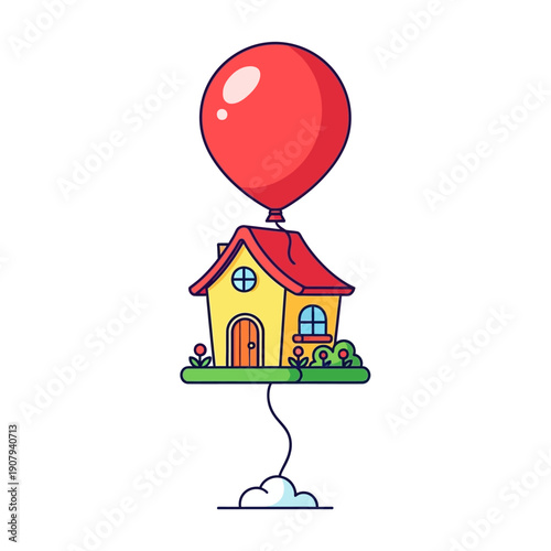Whimsical illustration of a tiny yellow house floating gracefully into the sky, carried by a vibrant red balloon, symbolizing dreams, freedom, and the concept of home elevated