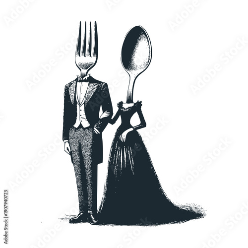 A couple of lovers, both with spoon and fork heads
