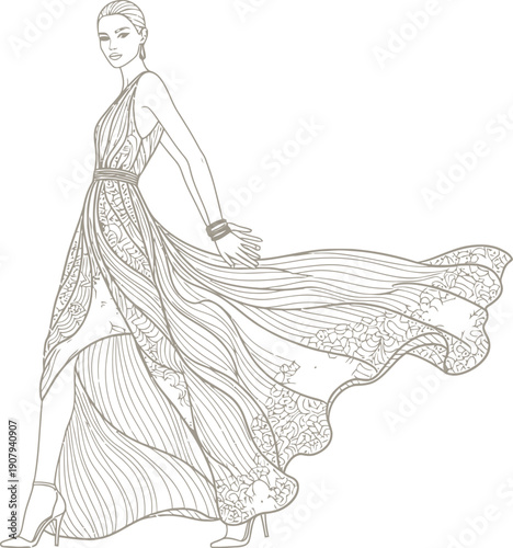 Elegant fashion illustration depicts a slender woman walking confidently wearing a flowing lace evening gown with dramatic movement and detailed textures