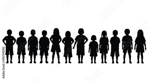 Collection of diverse children silhouettes standing together in a line illustrating various heights