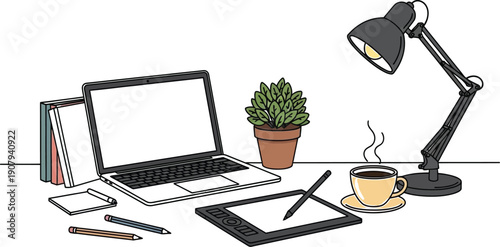 Cartoon style illustration of a clean digital artist workspace featuring a blank screen laptop a plant and a cup of hot coffee.