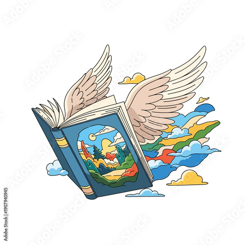 Open book with wings flying through a fantasy landscape, vibrant clouds, and a scenic view of hills and trees