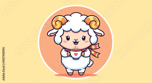 Cartoon sheep holding a cup of coffee smiling character in vector art