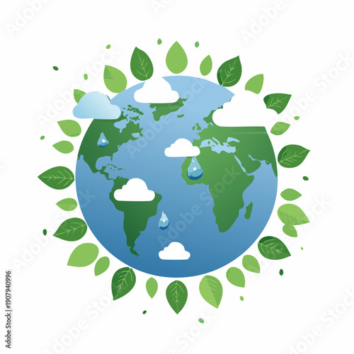 Earth's climate change clouds and raindrops over the globe surrounded by leaves