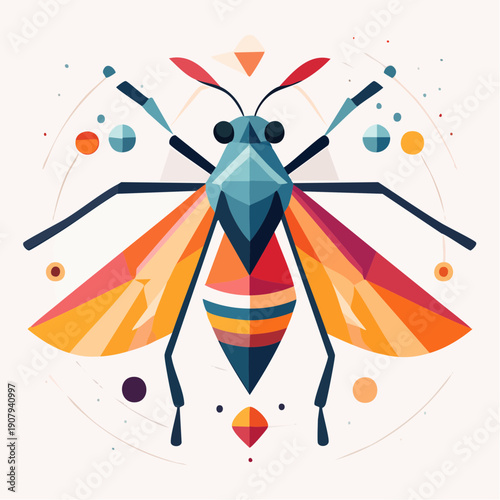 Abstract geometric illustration of a colorful, faceted insect with vibrant wings and decorative elements