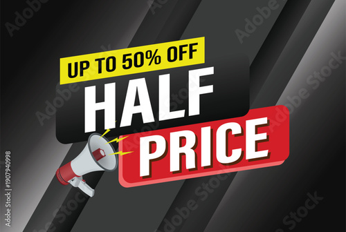 half price sale word mega phone concept vector illustration and 3d style, landing page, template, ui, web, mobile app, poster, banner, flyer, background, gift card, coupon, label, wallpaper

