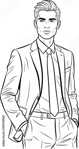 Handsome young businessman in sharp tailored suit and stylishly combed hair standing confidently with hands casually tucked into trouser pockets for a professional look.