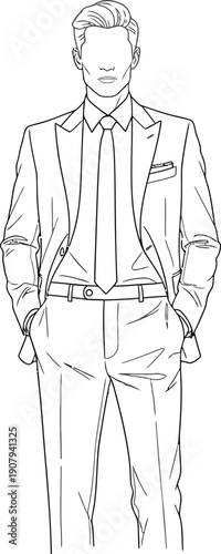 Minimalist black and white line art illustration depicting a confident man standing formally dressed in a sharp suit with his hands casually placed in his pockets.