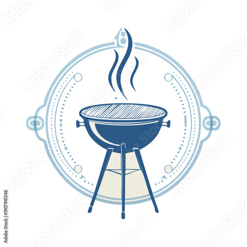 Stylized graphic depiction of a classic barbecue grill icon, emitting smoke within an elegant decorative circular frame, representing outdoor cooking and summer gatherings